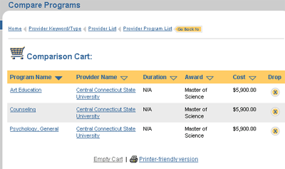 screen shot of comparison cart page