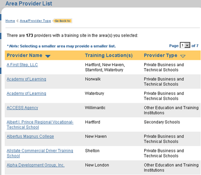 screen shot of provider list