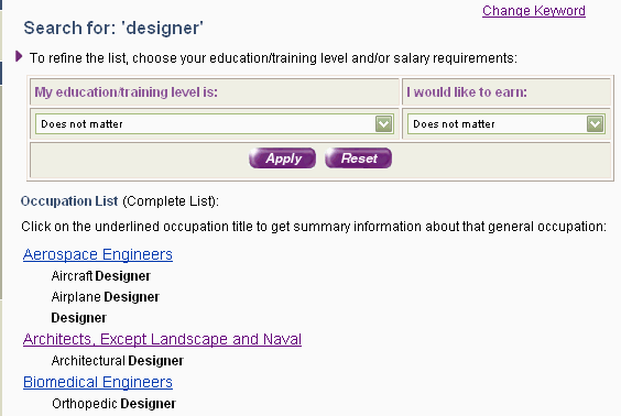 Screen shot displaying results of the Occupation Keyword Search, when searching for the occupation titled 'Designer'.