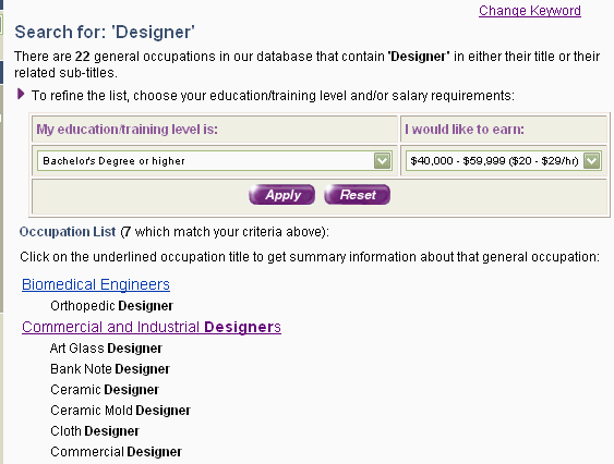 Screen shot displaying results of the Occupation Keyword Search, when searching for the occupation titled 'Designer'.