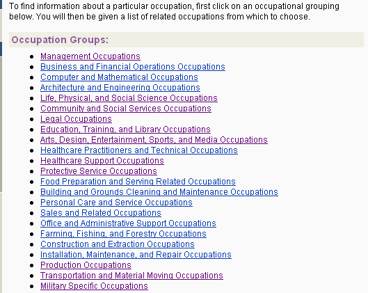 Screen shot of the Occupation Explorer, displaying the Occupation Groups page.