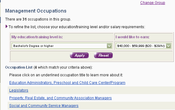 Screen shot of the Occupation Explorer, displaying the 'Professional, Paraprofessional, and Technical Occupations' Group.
