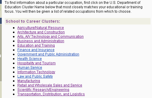 Screen shot of the School to Career Guide displaying the School to Career Clusters page.