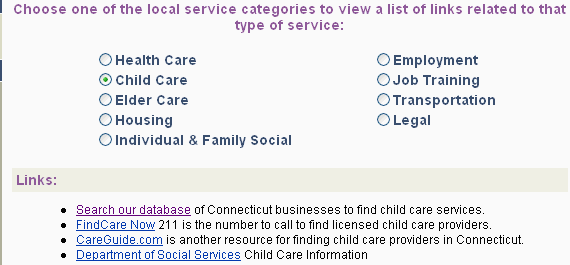 Screen shot of the Local Services Search, displaying the links on the chosen service category.