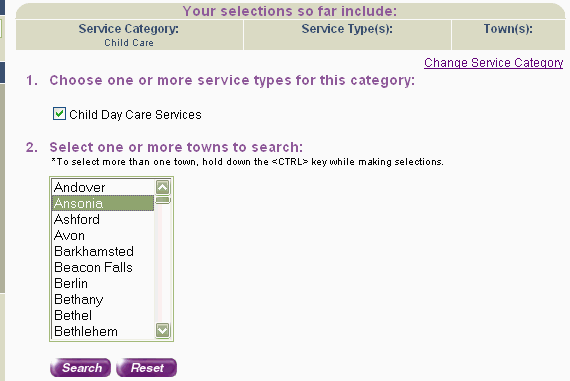 Screen shot of the Local Services Search, displaying the service types and towns.