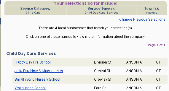 Screen shot of the Local Services Search, displaying the list of local businesses that match the search criteria.