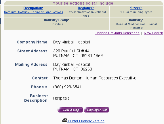 Screen shot of the Potential Employer Search, displaying detailed information on the chosen company.