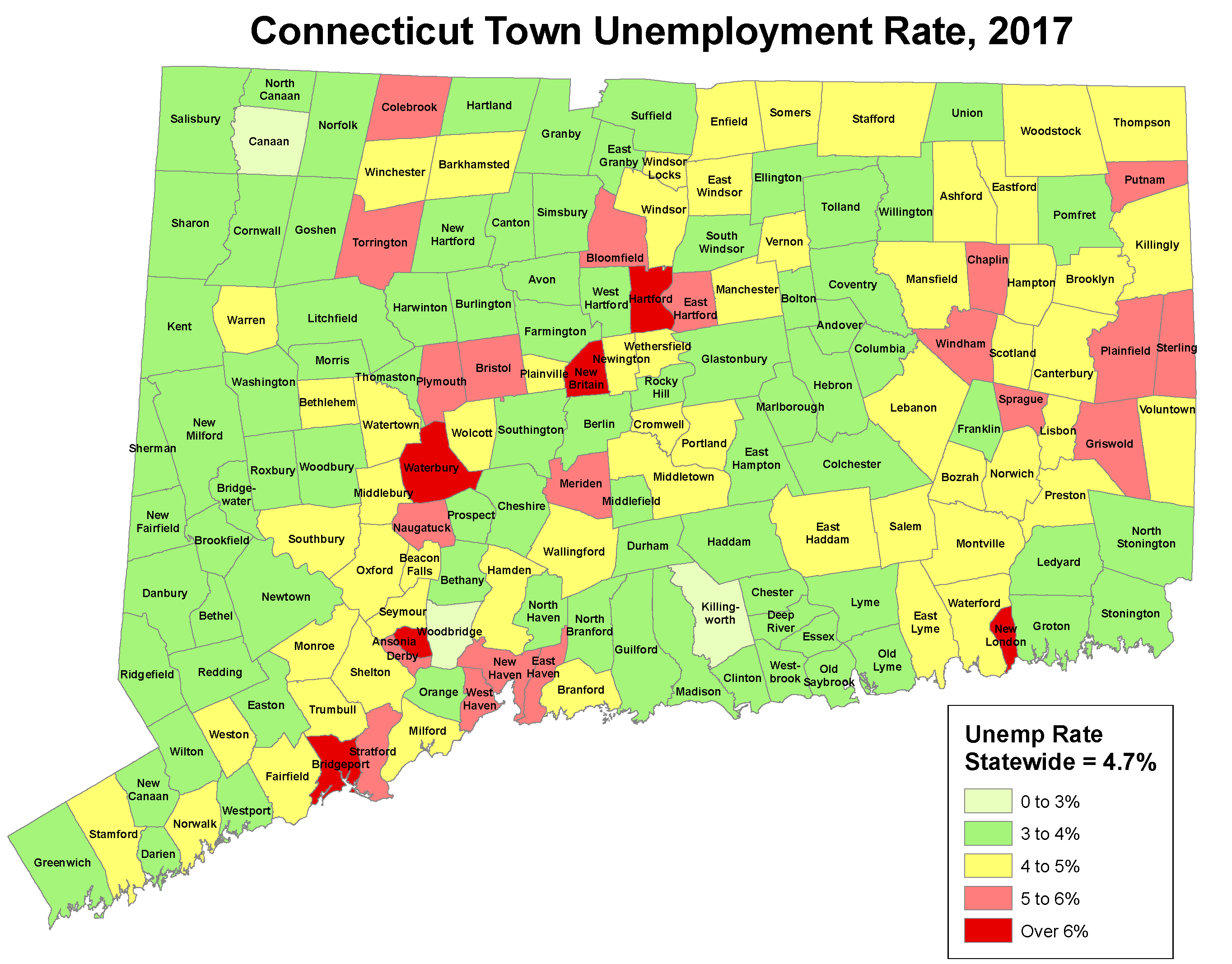 Map: Connecticut Town Unemployment Rate, 2017