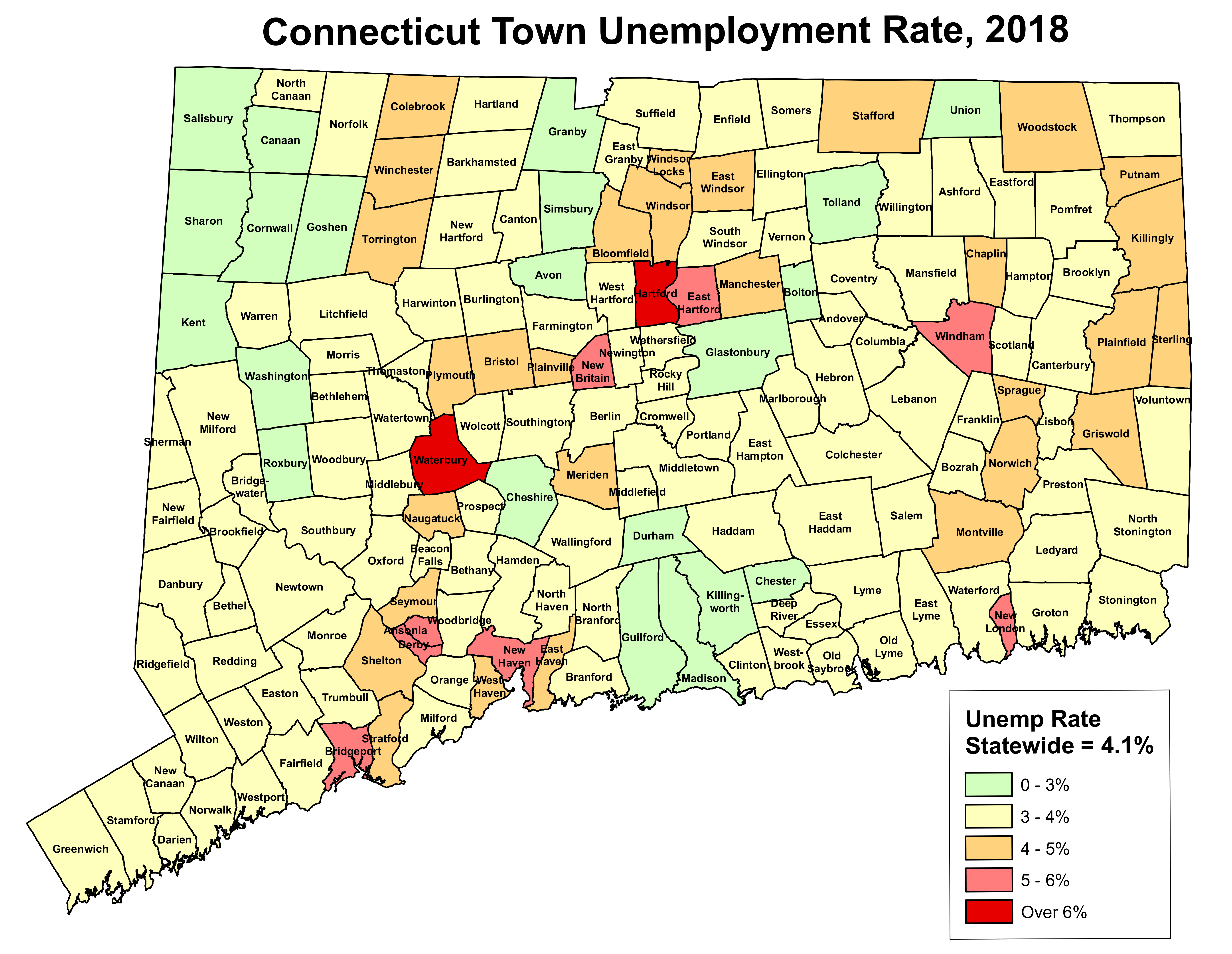 Map: Connecticut Town Unemployment Rate, 2018