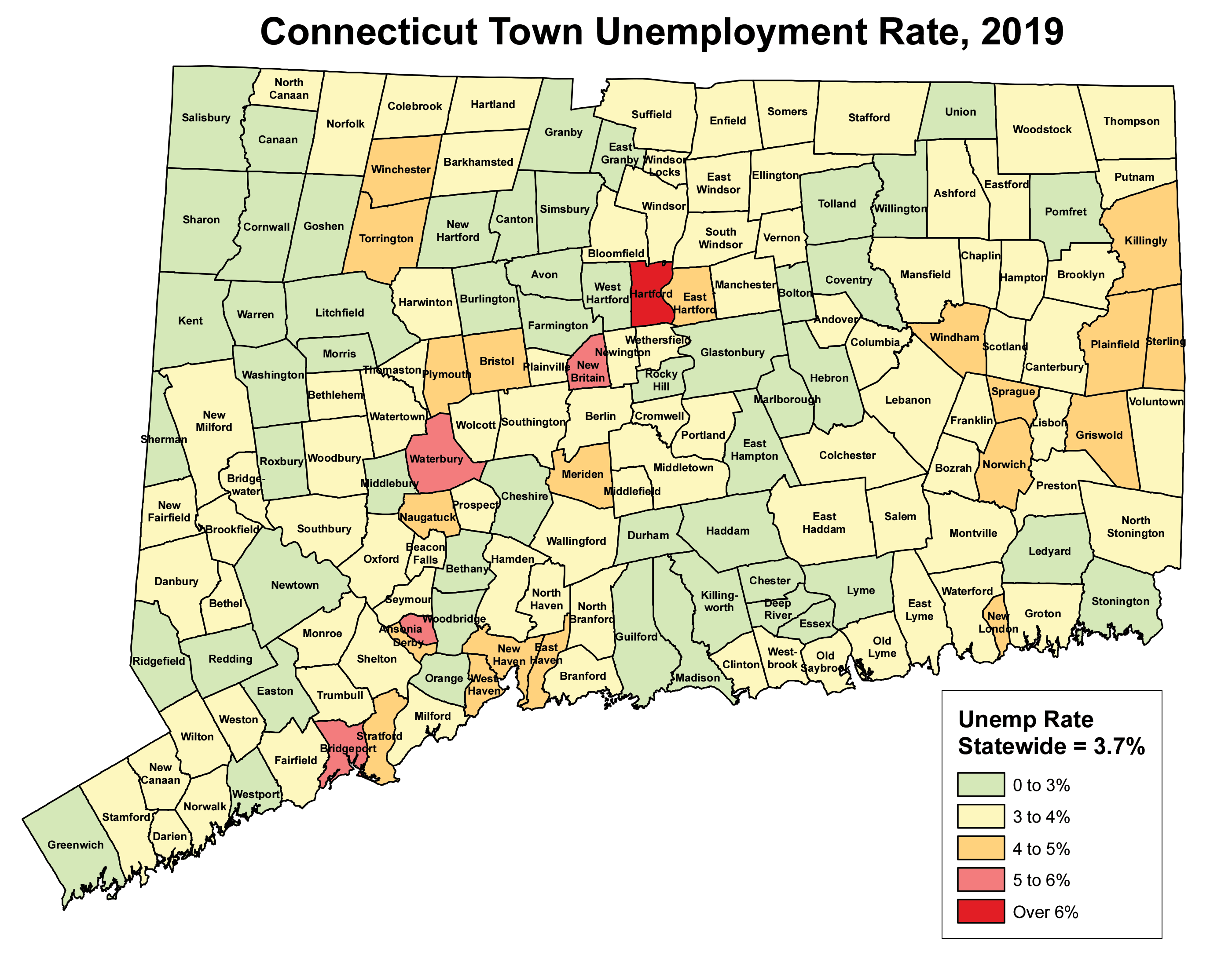 Connecticut Town Unemployment Rate, 2019