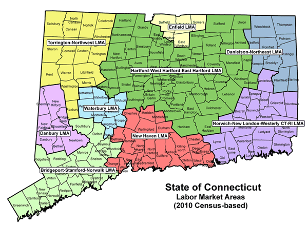 State of Connecticut Towns Listed by Labor Market Area map