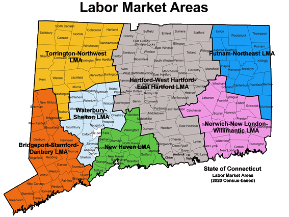 State of Connecticut Towns Listed by Labor Market Area map