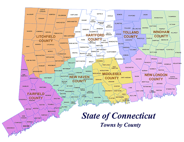 State of Connecticut Towns Listed by County map