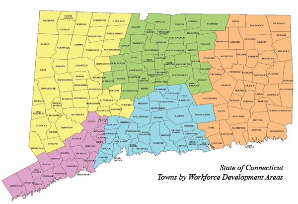 State of Connecticut Towns Listed by Workforce Development Area map