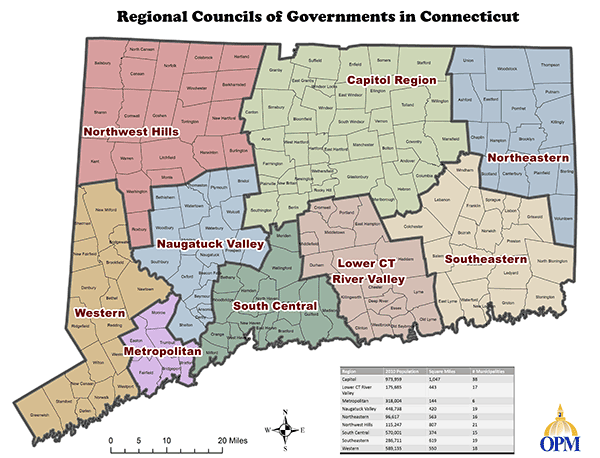 State of Connecticut Towns Listed by Regional Councils of Governments map